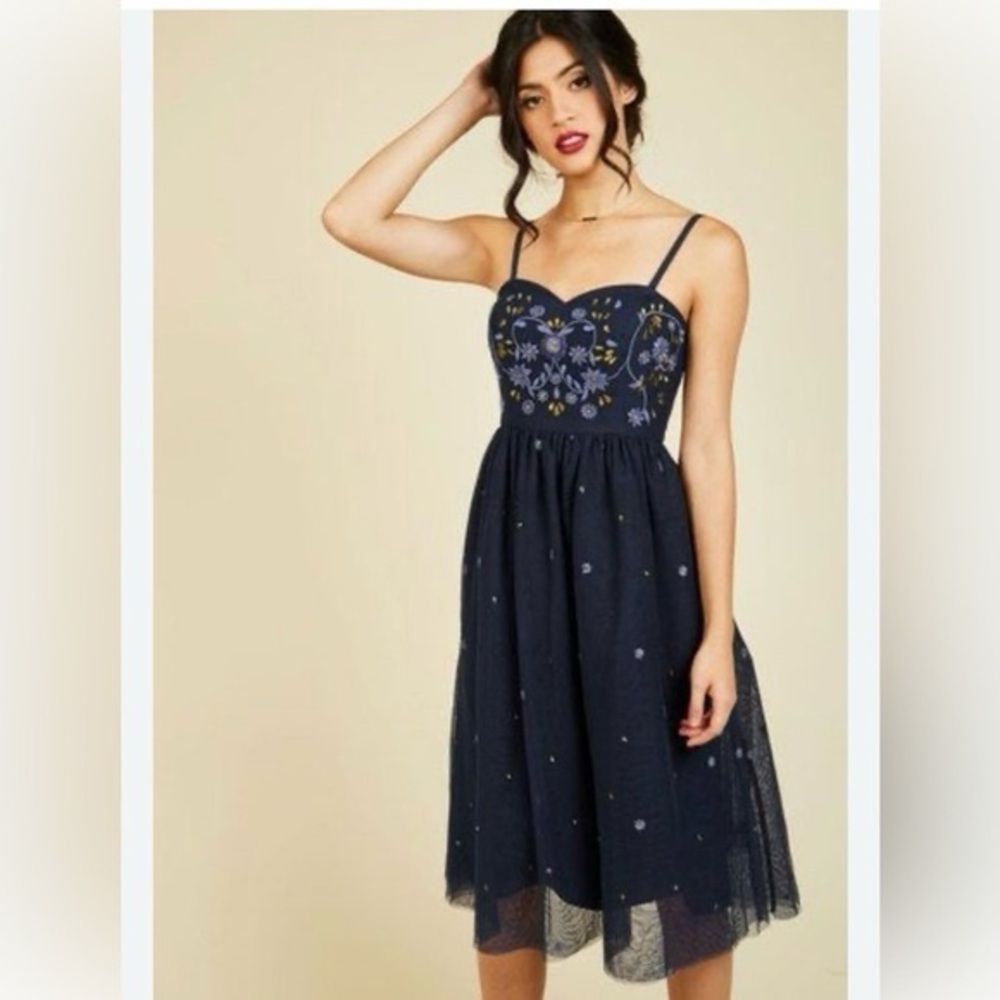 Modcloth Navy Blue Embroidered Floral Midi Tulle Dress with or without straps
